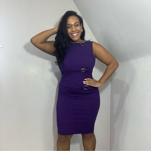 Vintage Cache Purple Ponte Knit Bodycon Dress Gold buckles business casual midi - Picture 11 of 11